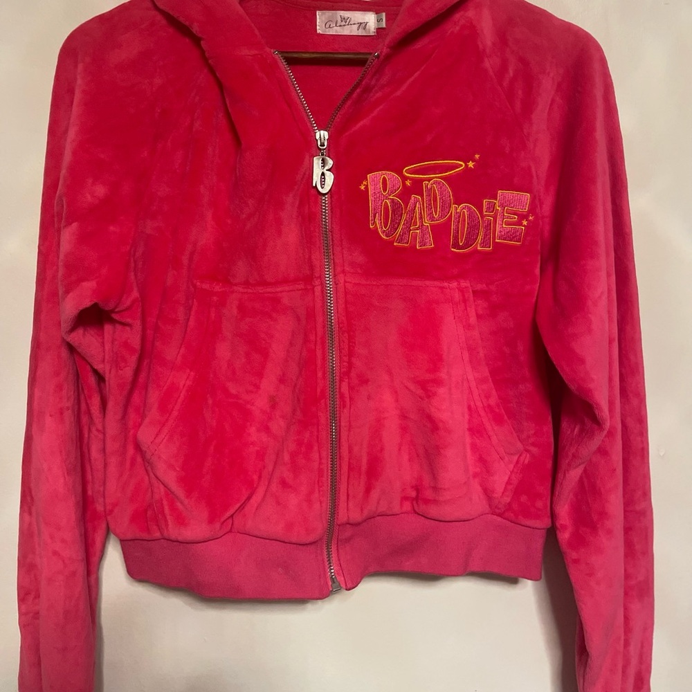 Pink ‘Baddie’ velour track suit. Size small top and Bottom.